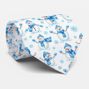 Cravate Bonhommes de neige joyeux et flocons de neige bleu