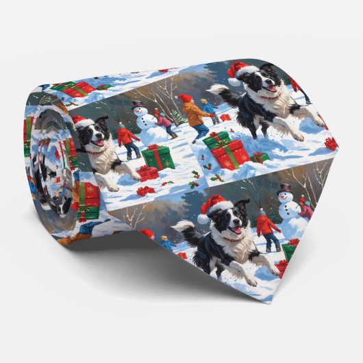Cravate Border Collie Scène festive de Noël enneigée (Roulé)
