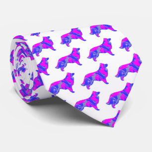 Cravate Bordure Collie Chien Silhouette Rose&Bleu Blanc