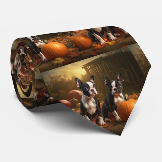 Cravate Boston Terrier Puppy Automne Citrouille de plaisir (Roulé)