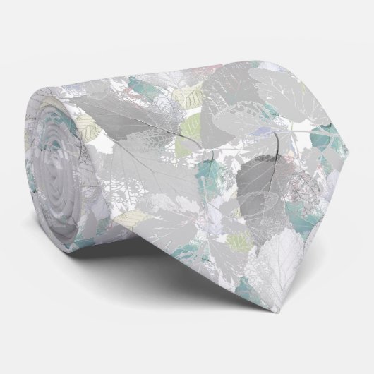 Cravate Botanical, grey, leaves, white and grey, turquoise (Roulé)