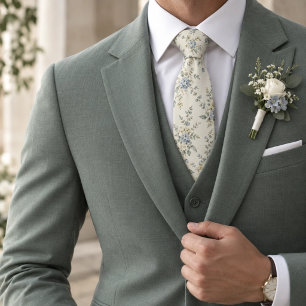 Cravate Botanique de mariage ivoire bleu sauge