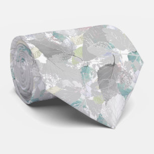 Cravate Botanique, gris, feuille, blanc et gris, turquoise