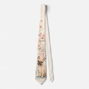 Cravate Bouledogue Français Aquarelle Fleur de Printemps