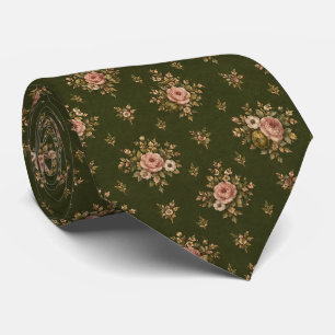 Cravate Bouquet de chintz à motif de rose carminée vert ol