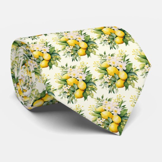 Cravate Bouquet de citrons avec motif de fleurs blanches (Roulé)