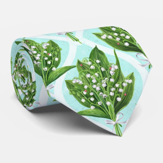 Cravate Bouquet de lis de la vallée fleurs sur le bleu (Roulé)