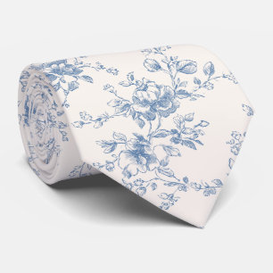 Cravate Bouquet Floral Toile Bleu Crème Botanique Vintage