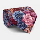 Cravate Bourgogne Bleu Pervenche Fleur rose pâle (Roulé)