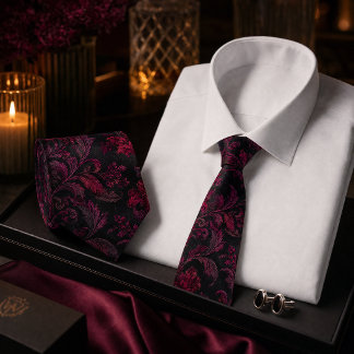 Cravate Bourgogne Noir Luxueux Damassé Floral Sans Couture
