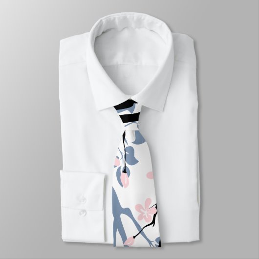 Cravate Branche bleu et noir poussiéreux, fleurs rose pâle (Attaché)