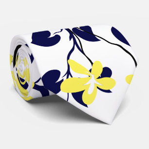 Cravate Branche bleue et noire marine, fleurs jaunes
