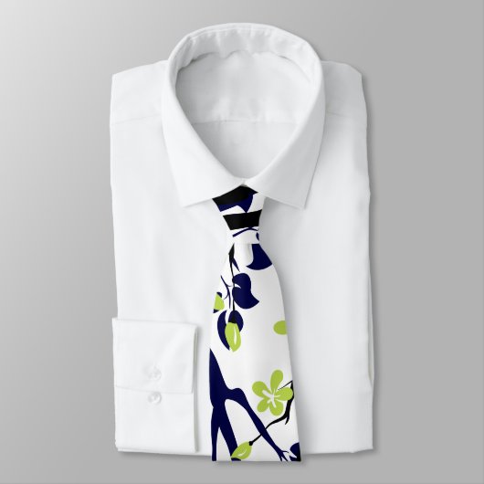 Cravate Branche bleue et noire marine, fleurs vert citron (Attaché)