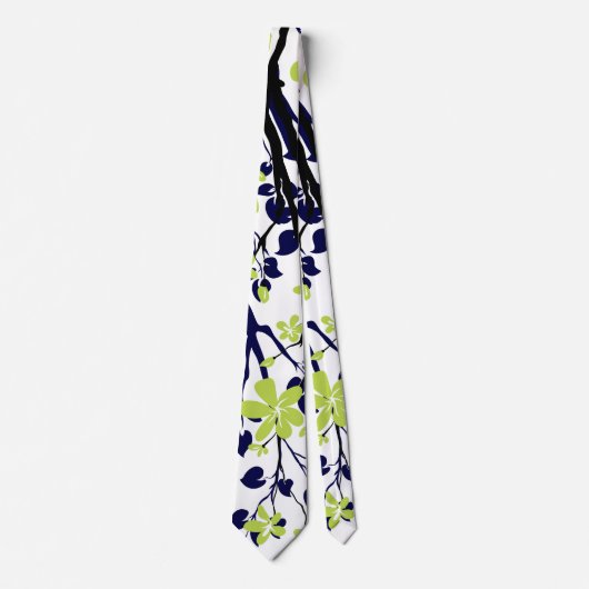 Cravate Branche bleue et noire marine, fleurs vert citron (Devant)