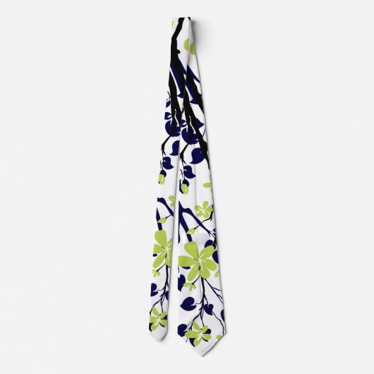 Cravate Branche bleue et noire marine, fleurs vert citron (Dos)