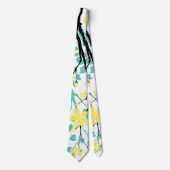 Cravate Branche bleue et noire turquoise et fleurs jaunes (Devant)