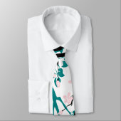 Cravate Branche bleue turquoise et noire, fleurs roses rou (Attaché)