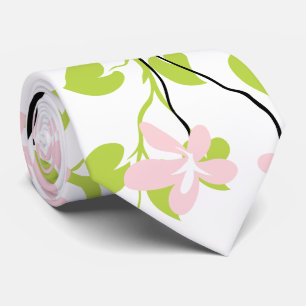 Cravate Branche verte et noire de chaux, fleurs roses rous