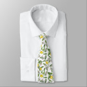 Cravate Branches de citron avec fleurs et fruits sur blanc (Attaché)