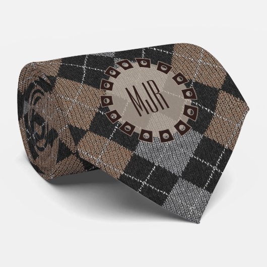 Cravate Brown Gris et Jacquard noir Motif Monogramme (Roulé)