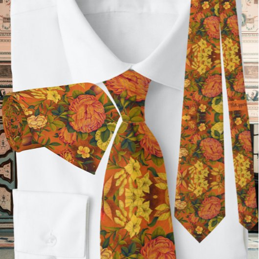 Cravate Brûlé Orange motif floral Vintage