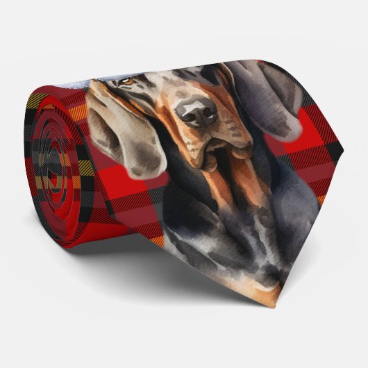 Cravate BT Amoureux des chiens Coonhound Rouge Vert Plaid (Roulé)