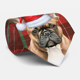 Cravate Bulldog français plaid de Noël vert rouge