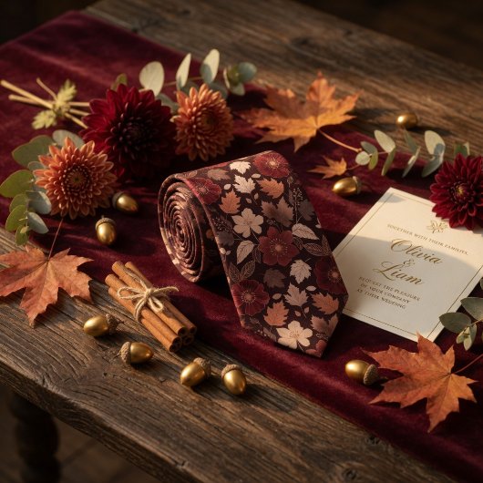 Cravate Burgundy Wildflower & Autumn Leaves Rich Copper