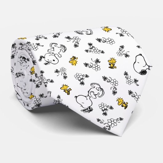Cravate cacahuètes | Snoopy & Woodstock B&W Flower Motif (Roulé)