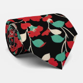Cravate CAMELLIAS ROUGES, FEUILLES BLANCS VERTS NOIR Flora (Roulé)