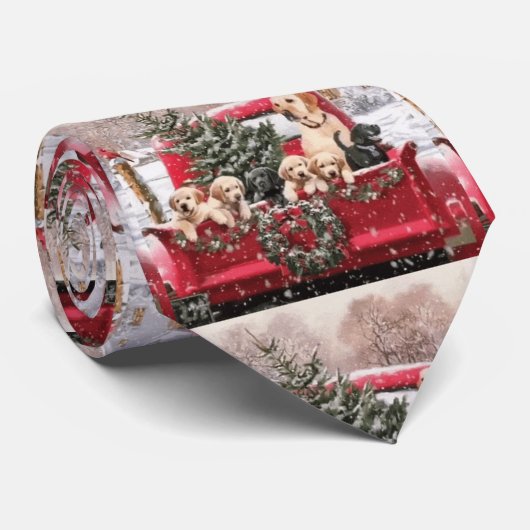 Cravate Camion Rouge Rétro De Noël Avec Chiens En Chiens D (Roulé)