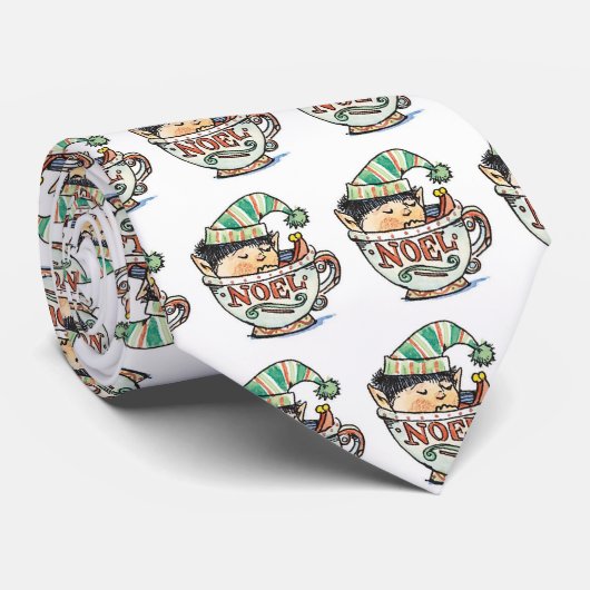 Cravate Caricature mignonne Elf de Noël dormant dans une t (Roulé)