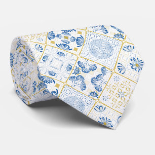 Cravate Carreau géométrique chinoiserie bleu blanc or
