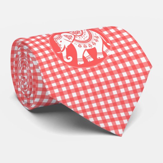 Cravate Carreaux Gingham Rouge avec Éléphant Blanc (Roulé)