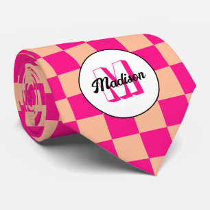 Cravate Carrés à carreaux pêche rose chaud rétro Monogramm