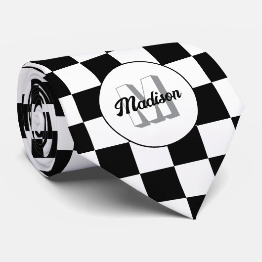 Cravate Carrés à damier noir et blanc rétro Monogramme (Roulé)