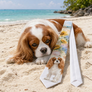 Cravate Cavalier King Charles Spaniel aquarelle d'été