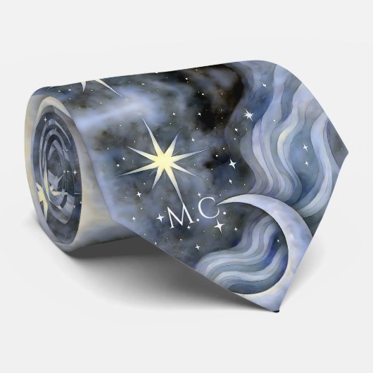 Cravate Céleste Lune étoiles Dreamy Sky Bold Monogramme (Roulé)