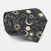 Cravate celestial space sun moon galaxy planet beige (Roulé)