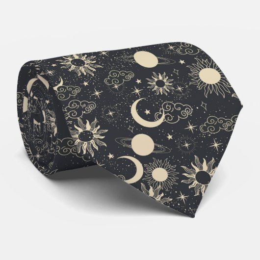Cravate celestial space sun moon galaxy planet beige (Roulé)