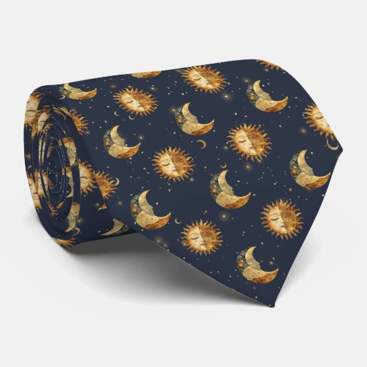 Cravate Celestial Sun & Moon Gold Starry Night Pattern (1) (Roulé)