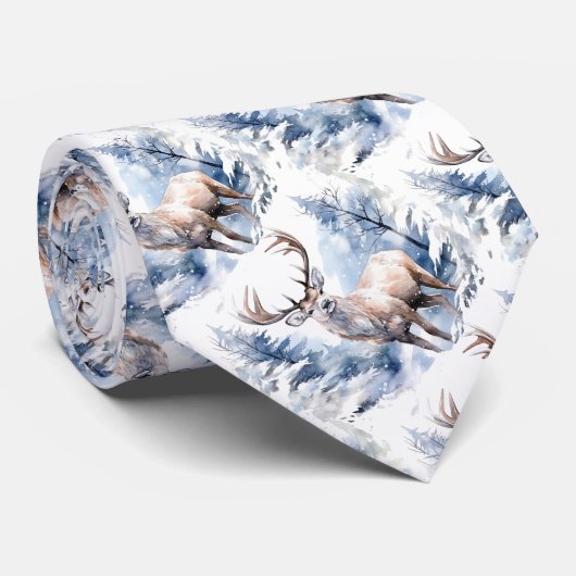 Cravate Cerf Bleu Neige Nuit Aquarelle (Roulé)