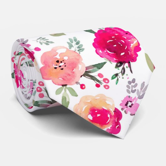 Cravate Cerise Rose Aquarelle Mariage Floral (Roulé)