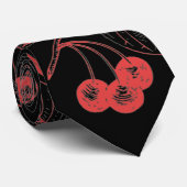 Cravate Cerises et Feuilles Rouges sur Fond Noir (Roulé)
