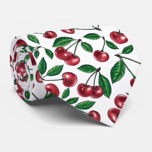 Cravate Cerises rouges sur blanc (Roulé)