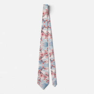 Cravate Cerisier Japonais Fleur de Cerisier Rose Bleu