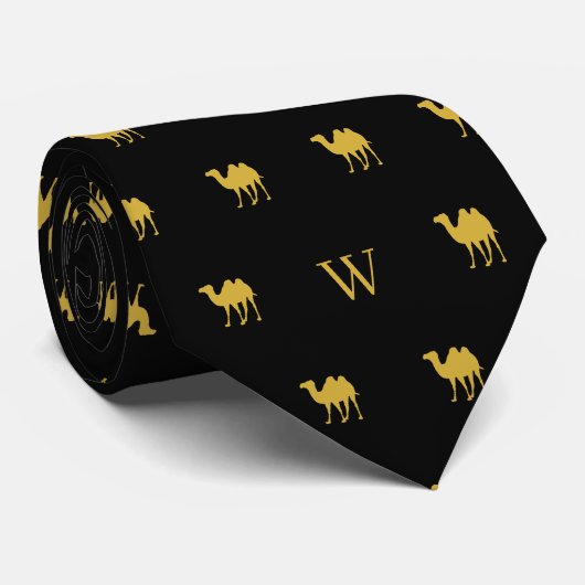Cravate Chameau d'or Humpday Monogramme Initiales Noir (Roulé)