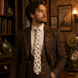 Cravate Chapeau Steampunk Victorien et Motif d'Horlogerie