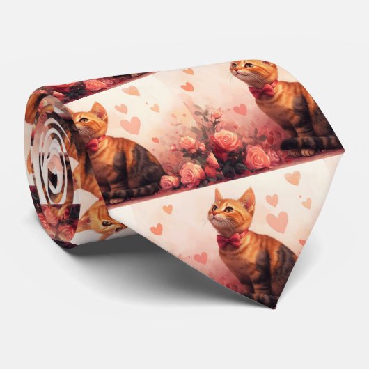 Cravate Chat abyssinien avec Rose - Saint Valentin (Roulé)