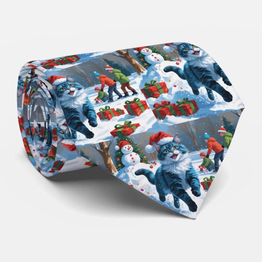 Cravate Chat bleu oriental assis dans la neige avec un cha (Roulé)